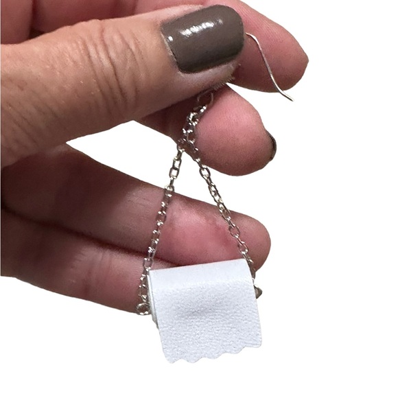 Silver and White Toilet Paper Roll Chain Dangle Earrings - Picture 6 of 7